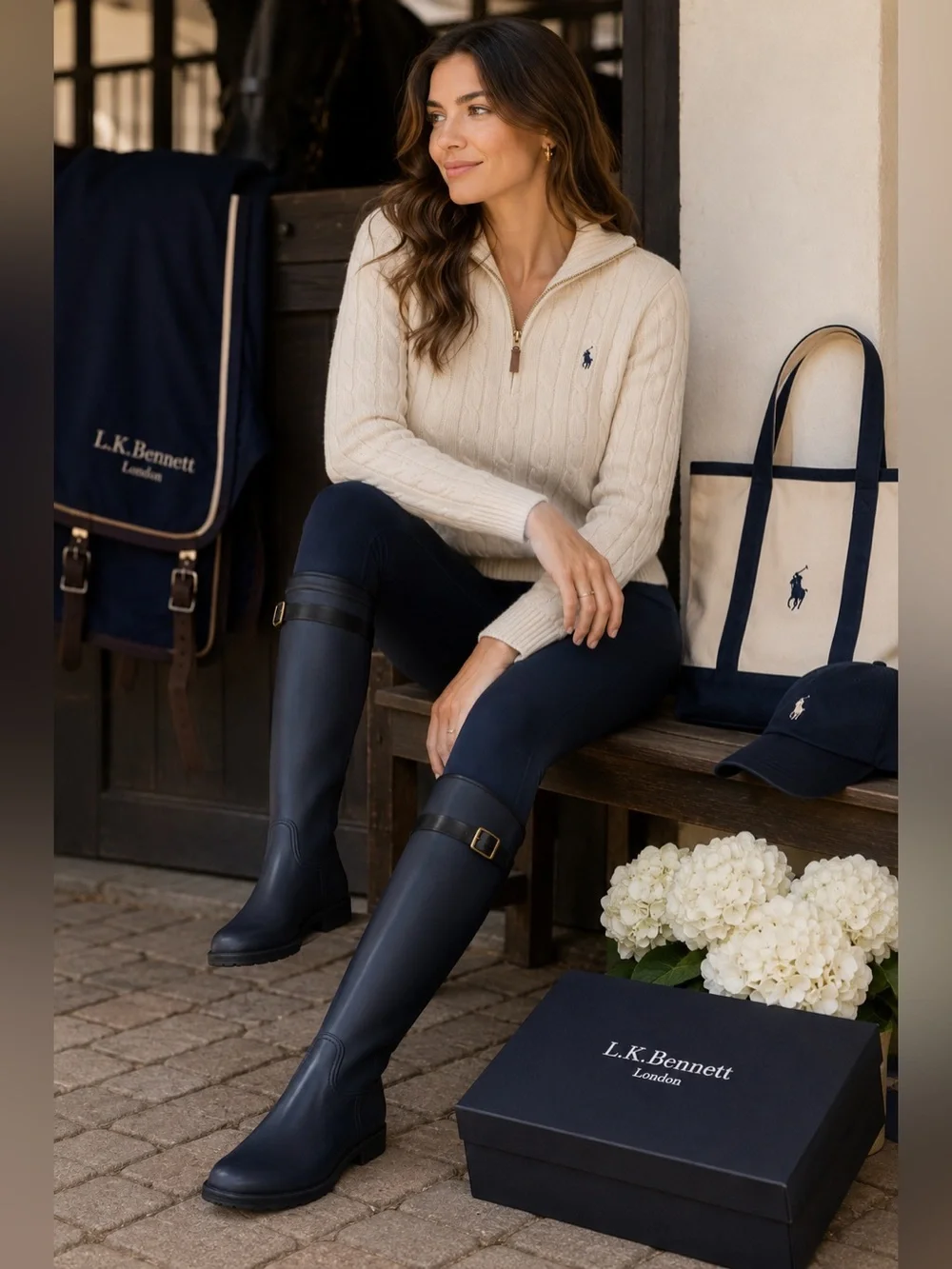 LK Bennett London Tall Riding Rain Boots Navy Equestrian Wellies Sz 6